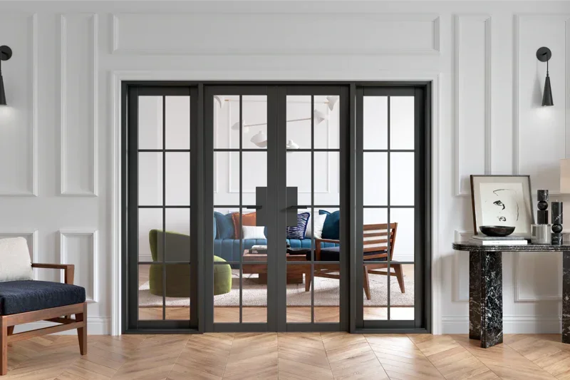 Black Malvern W8 internal glass doors in modern living room with wood flooring