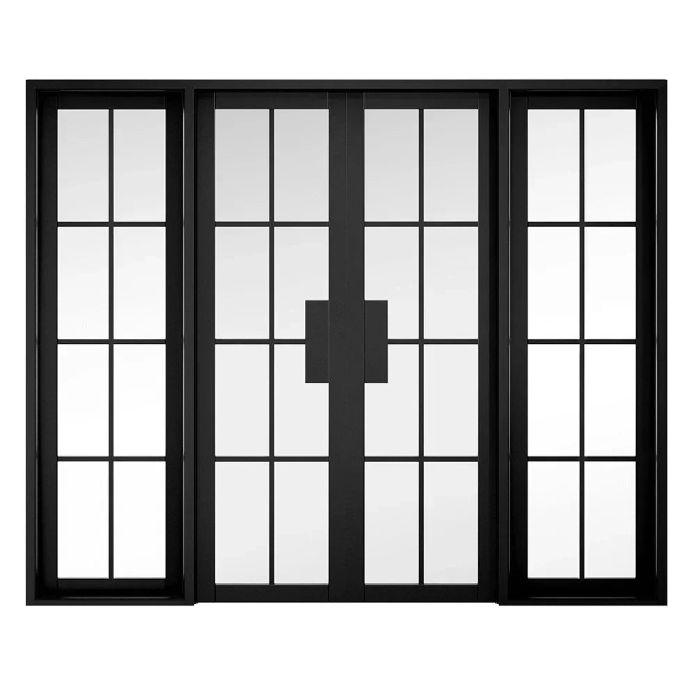 Black Malvern W8 double internal doors with side panels and grid pattern glass