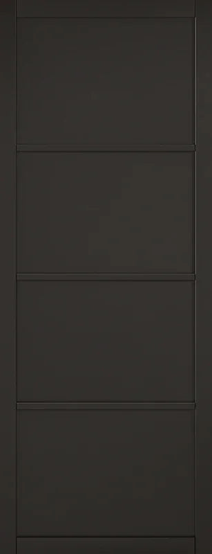 Black interior door with four horizontal panels, modern finish, front view