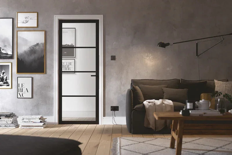 Black Soho glazed 4L internal door with glass panels in modern living room setting