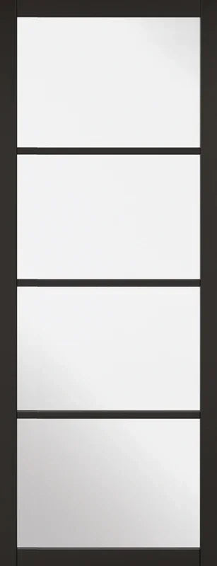 Black Soho glazed 4 panel interior door with clear glass and matte black frame