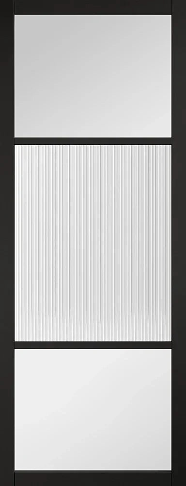 Black glazed interior door with reeded glass center panel and two clear glass panels