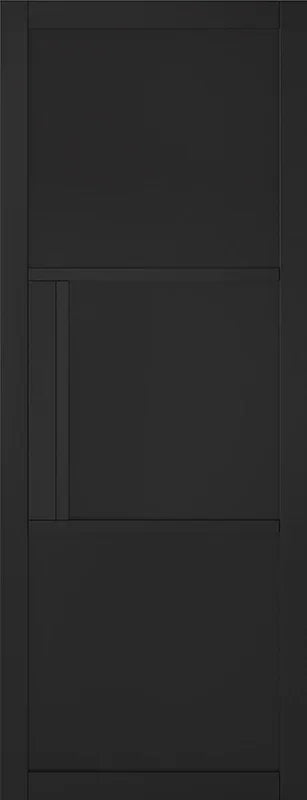 Black interior door with three panel design and modern vertical groove detail