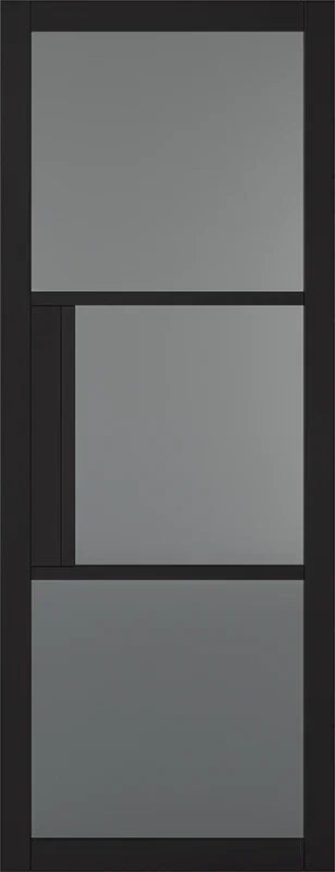 Black glazed internal door with three tinted glass panels and modern design