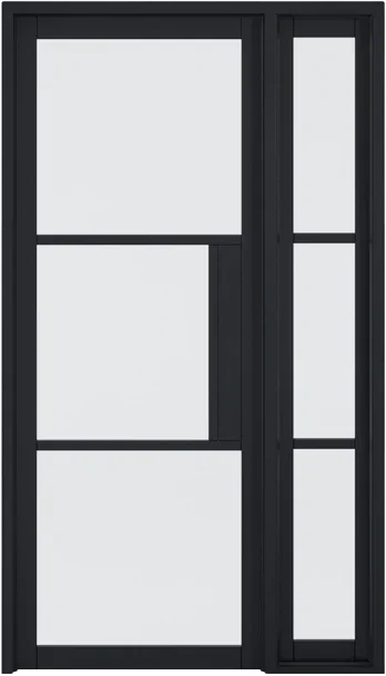Black Tribeca sidelight door with glass panels, modern design, shown without lock block