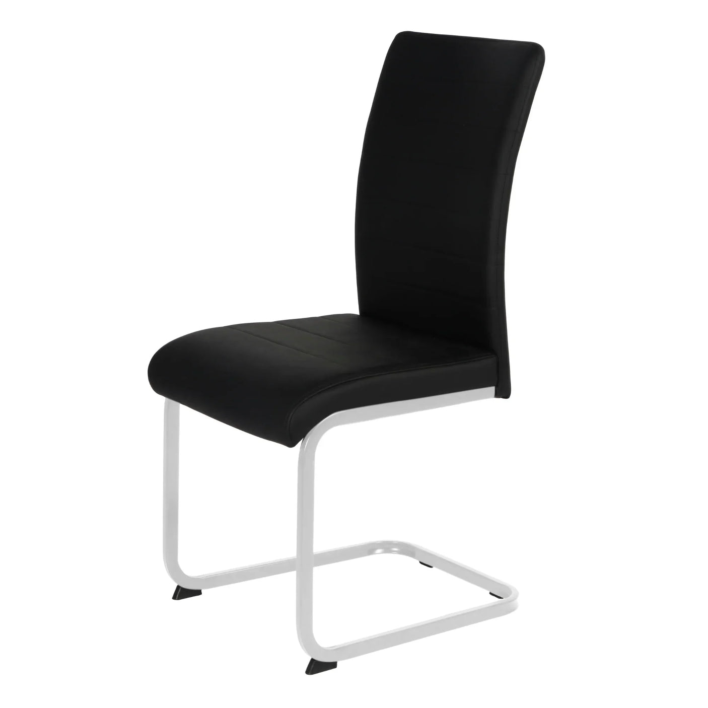 black faux leather dining chair with chrome cantilever frame on white background