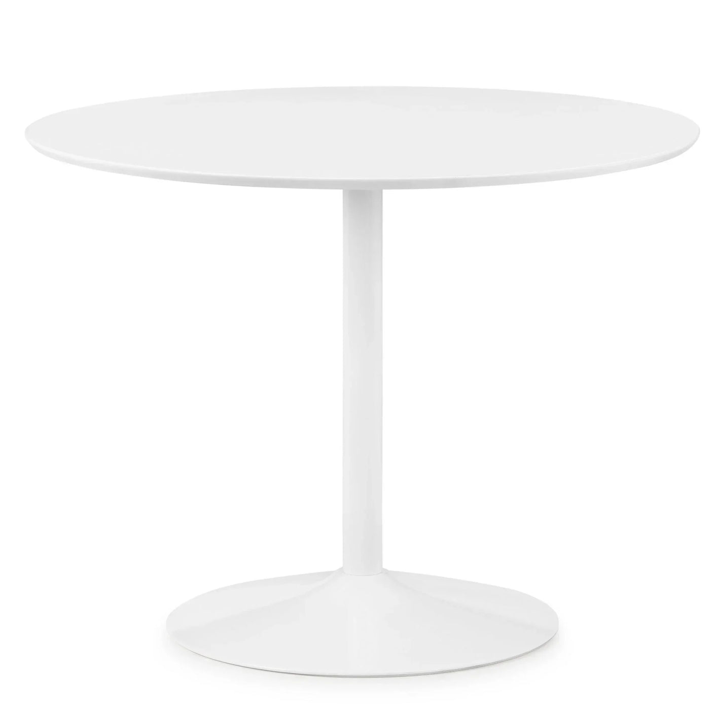 white round dining table with single pedestal base against white background