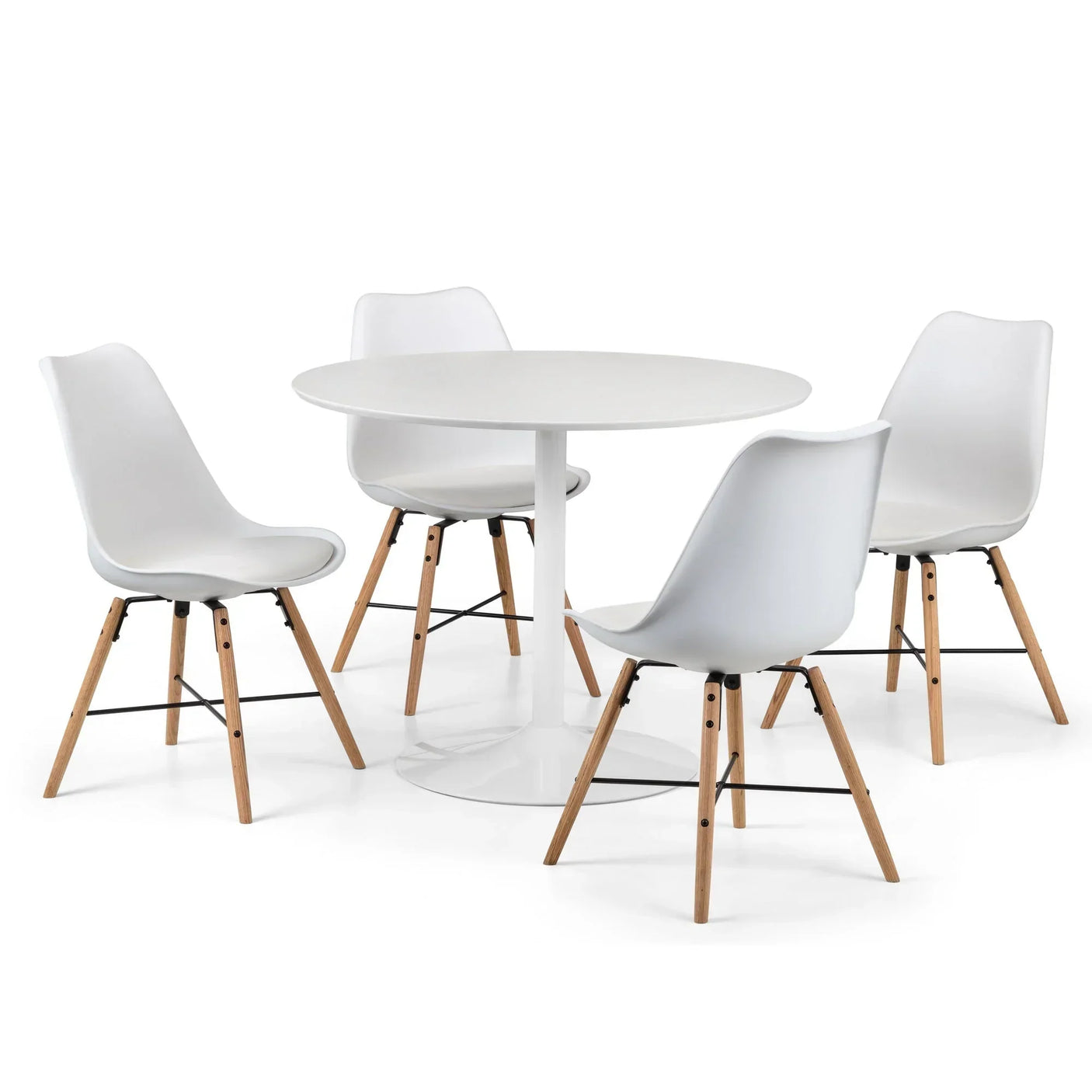White round dining table with four modern white chairs and wooden legs on white background