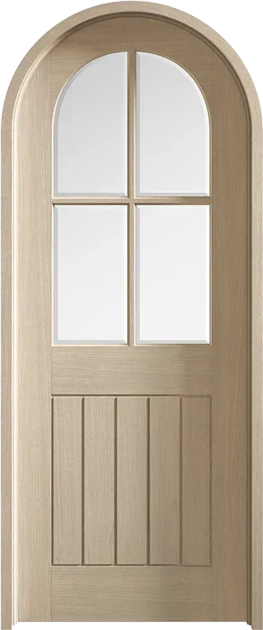 Blonde oak curved door with four glass panels and vertical wood detail