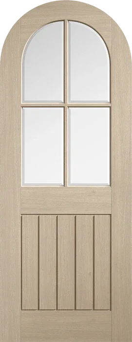 Blonde oak Mexicano arched glazed door with four glass panels and vertical wood slats