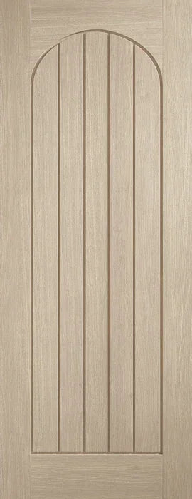Blonde oak Mexicano arched square top door with vertical grooves and natural wood grain