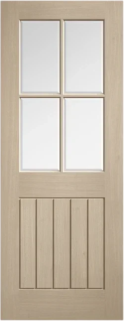 Blonde oak Mexicano glazed door with four glass panels and vertical grooved wood detail