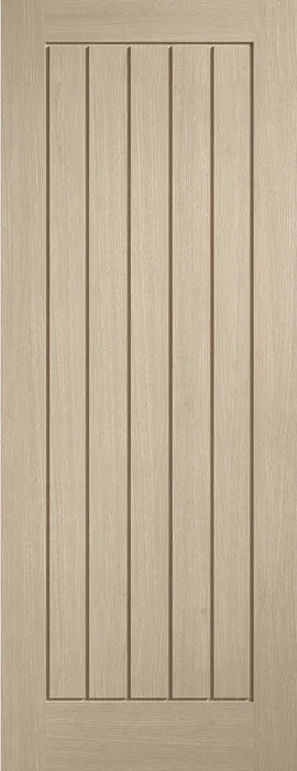 Blonde oak Mexicano door with vertical grooved panels and wood grain texture