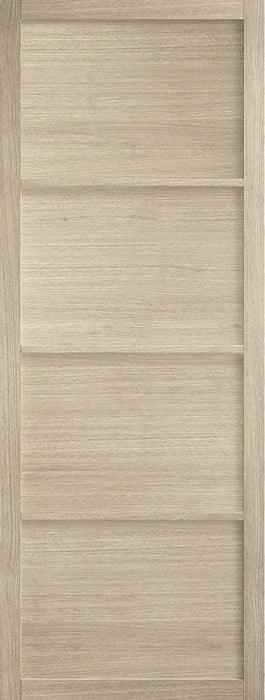 Blonde oak interior door with four horizontal panels and wood grain texture