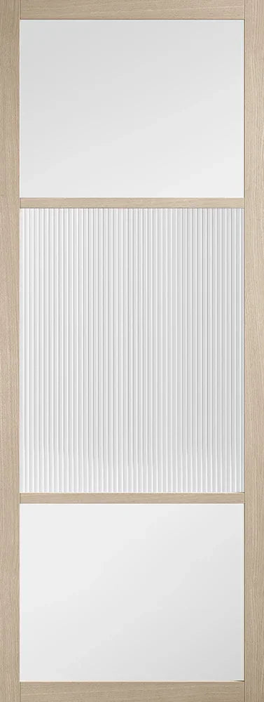 Blonde oak door with reeded glazed panel and frosted glass sections, modern finish