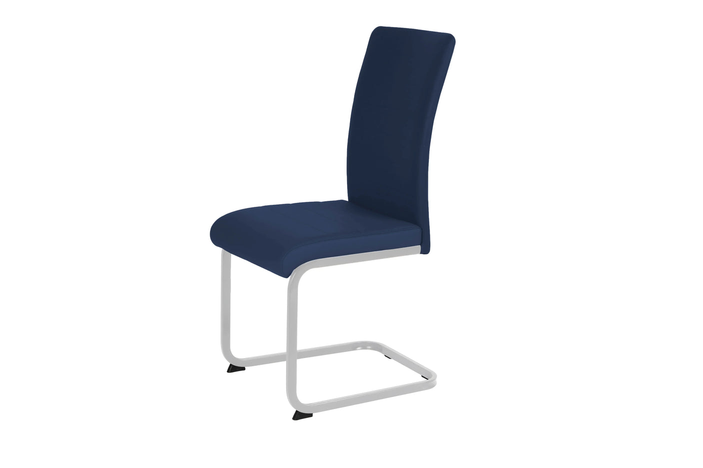 Modern dining chair with blue upholstered seat and chrome cantilever base