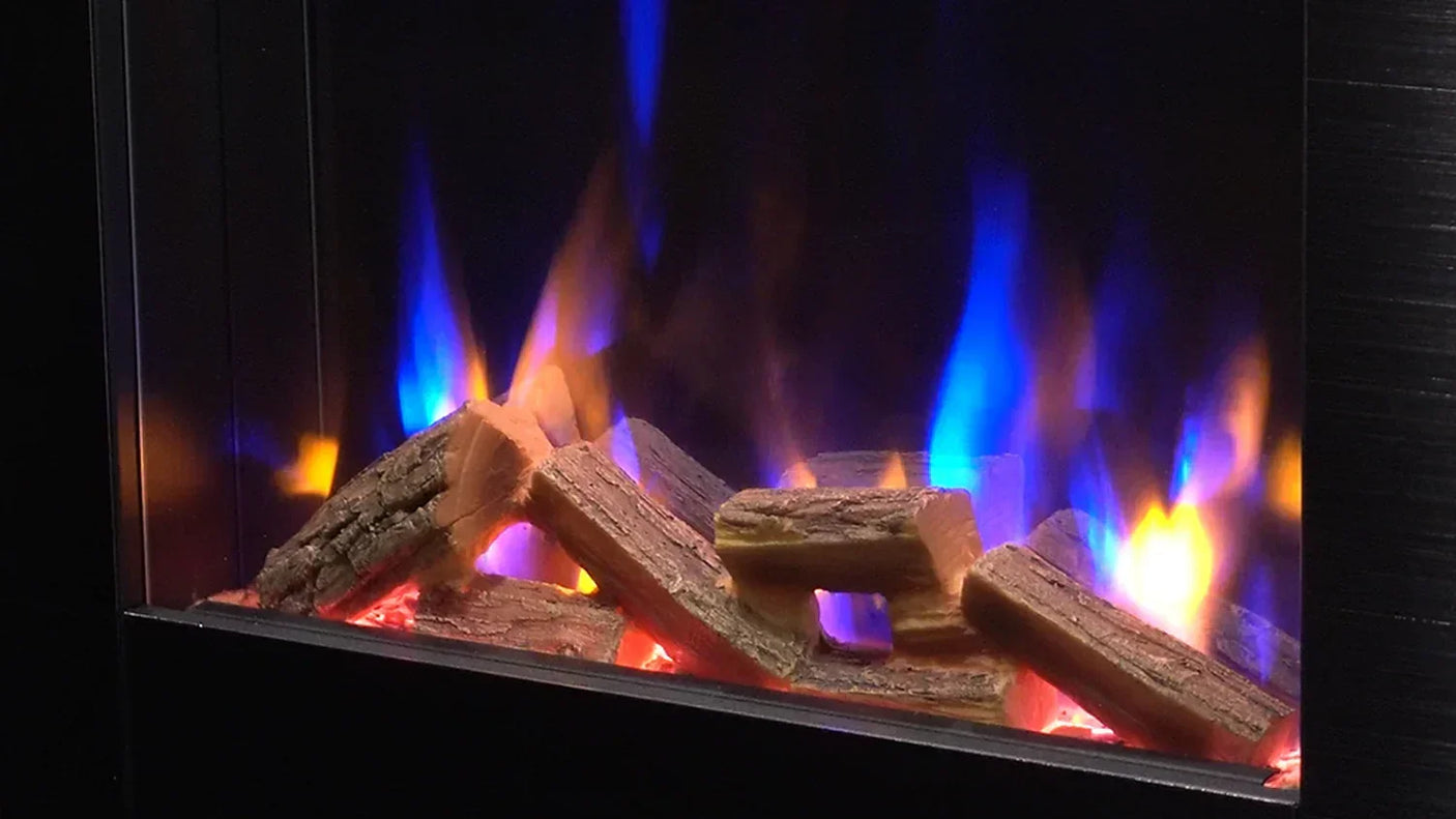 Electric fireplace with blue and yellow LED flames and realistic log effect