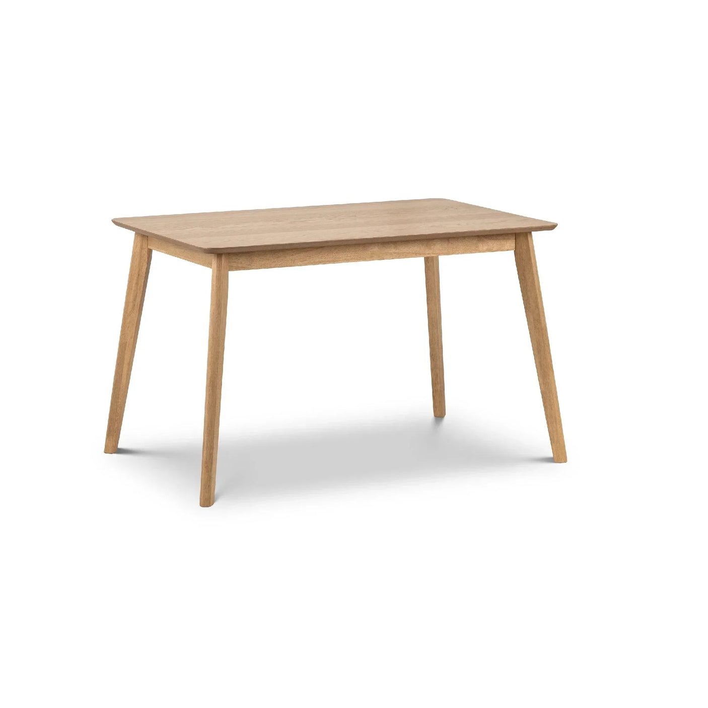 Rectangular wooden dining table with angled legs on white background