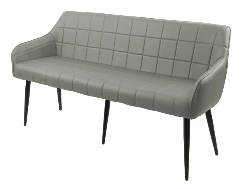 Grey upholstered bench with grid pattern and black tapered legs