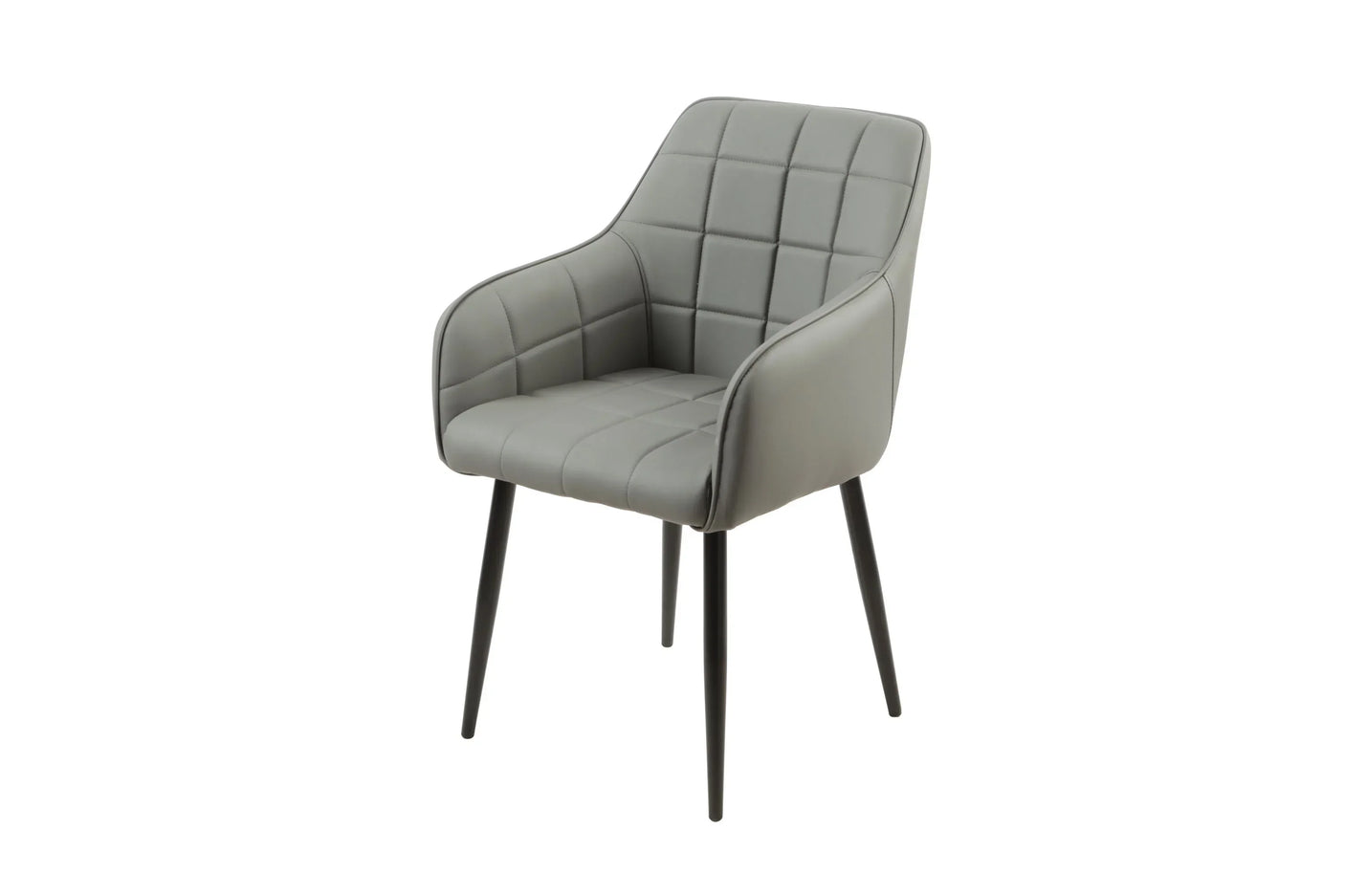 Grey accent chair with padded seat, armrests, square stitching, and black metal legs
