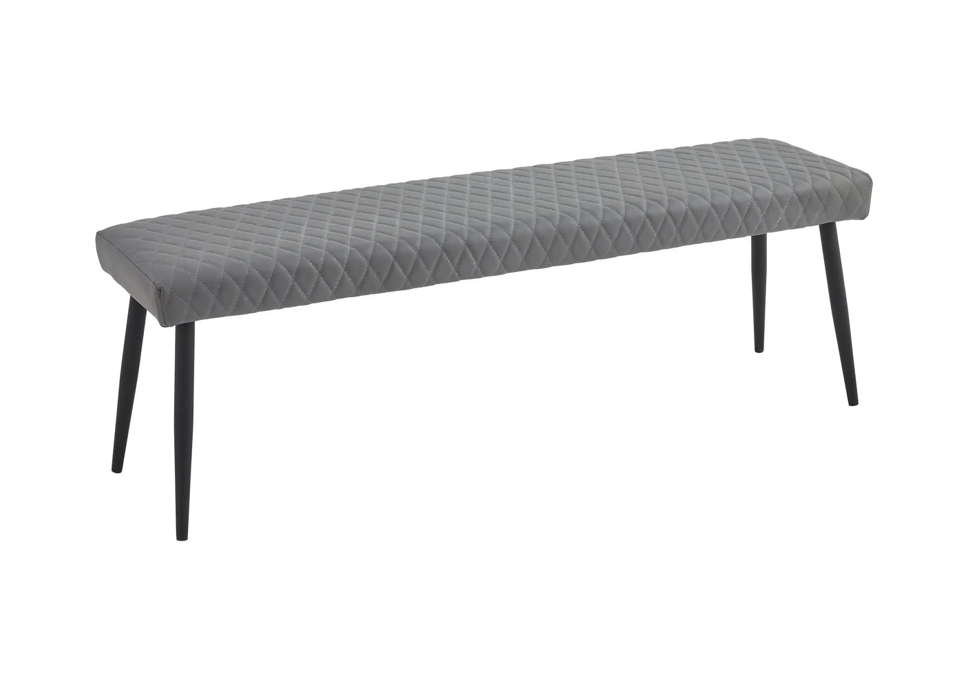 Grey low bench with quilted fabric seat and black tapered legs, side angle view