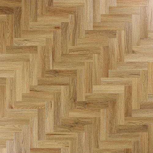 brushed oak flooring in herringbone pattern with natural wood grain and light brown tones