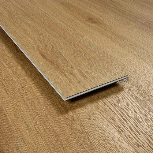 Brushed oak laminate flooring plank with realistic wood grain finish on wooden floor