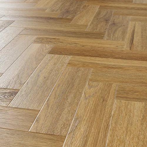 Brushed oak flooring with natural wood grain in herringbone pattern