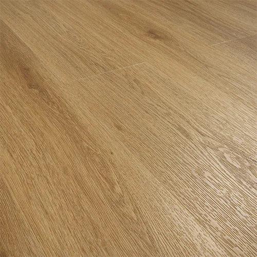 Brushed oak laminate flooring with natural wood grain texture and light brown finish