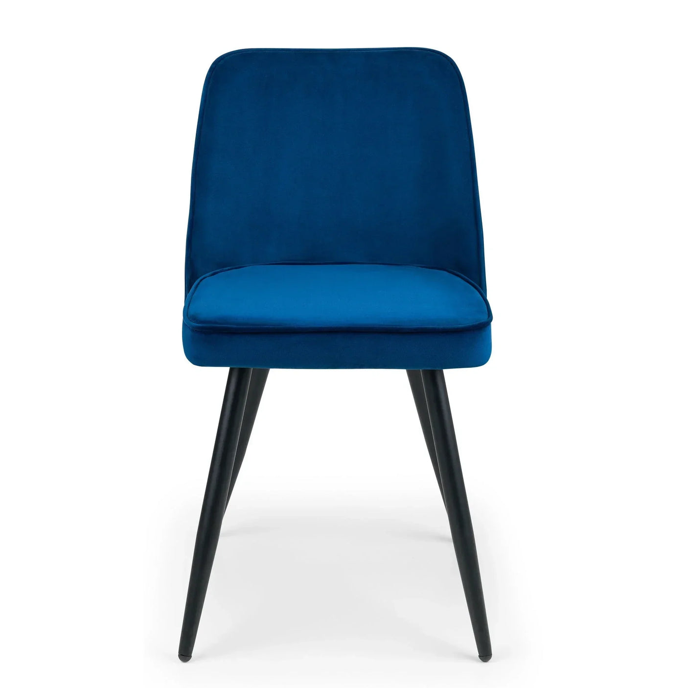 Blue upholstered chair with black angled legs, front view on white background