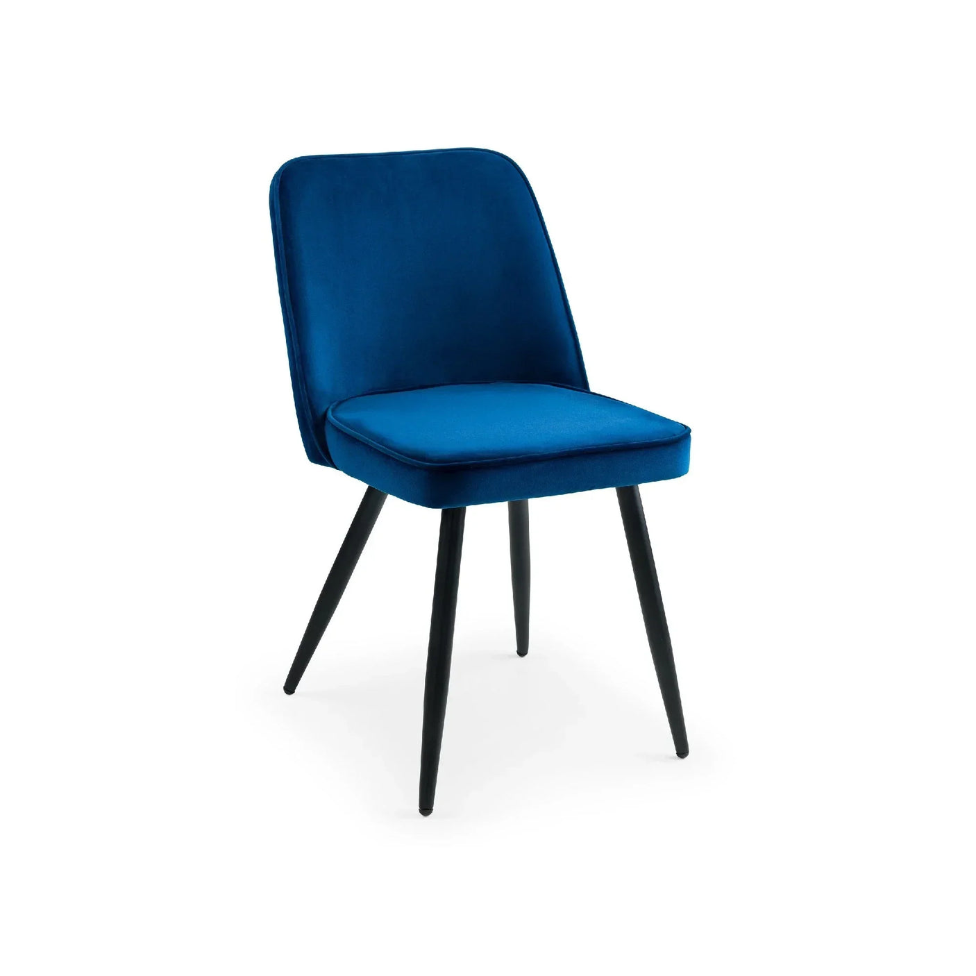 Blue velvet chair with cushioned seat and black angled legs on white background