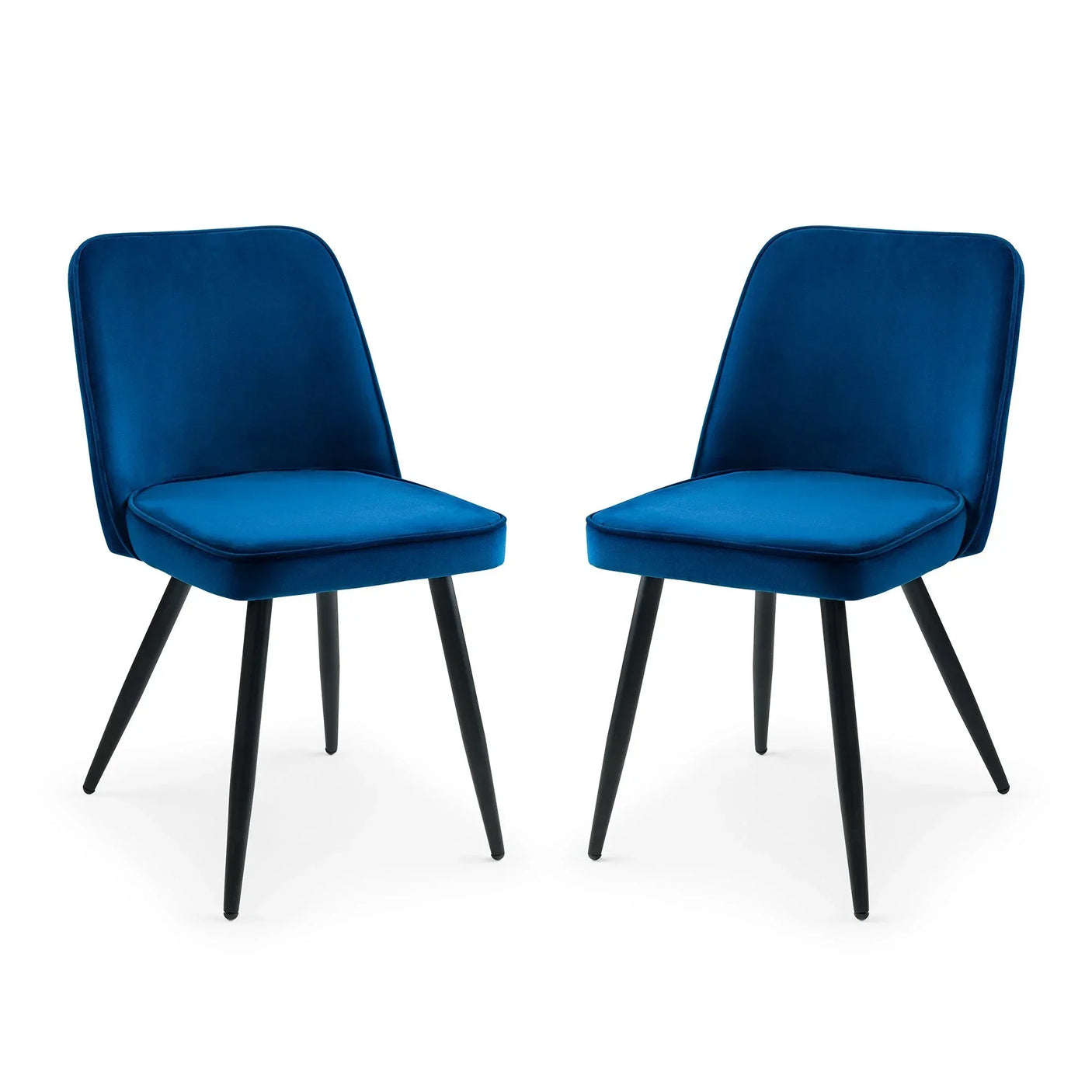 Set of two blue velvet dining chairs with black metal legs on white background