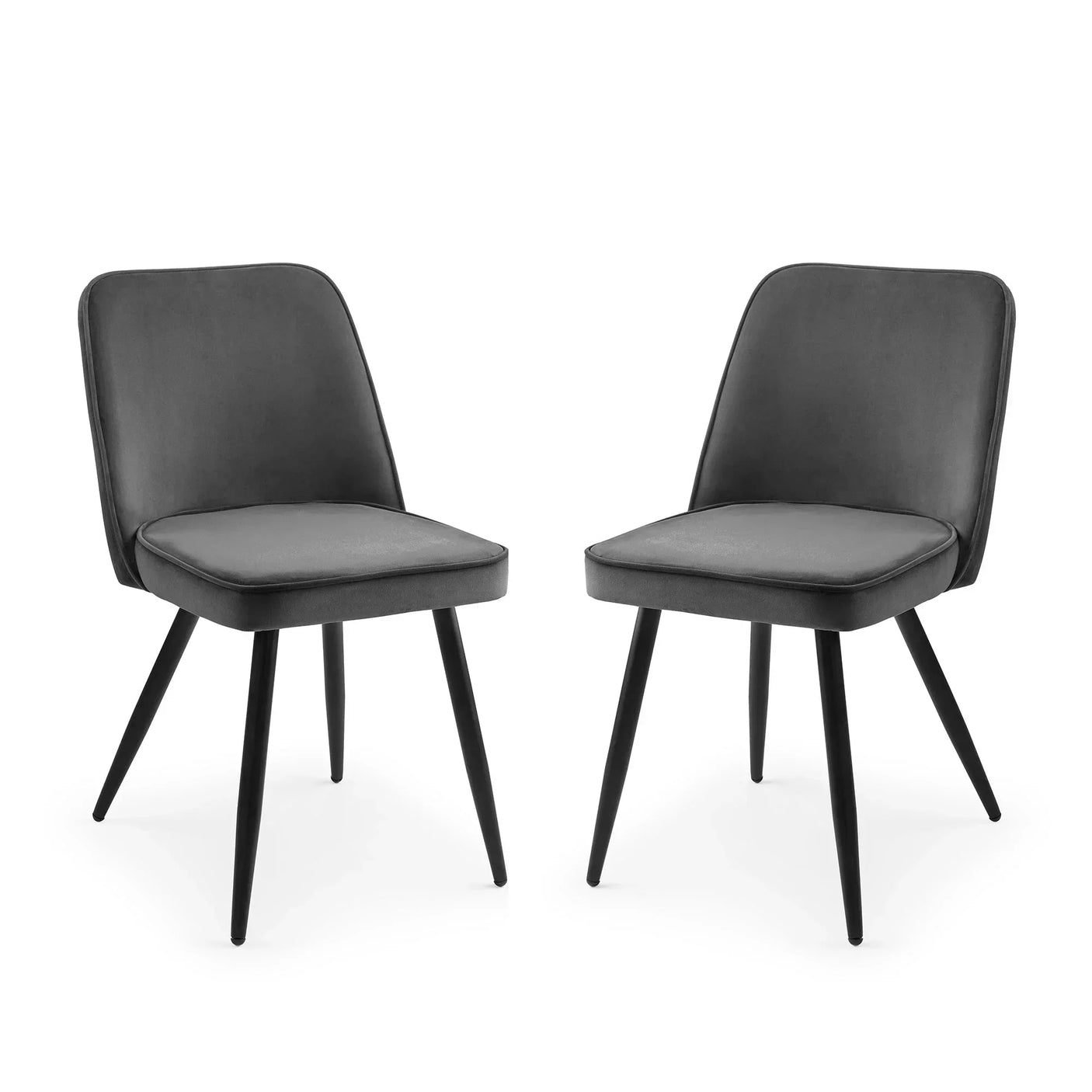 Set of two grey upholstered dining chairs with black metal legs on white background