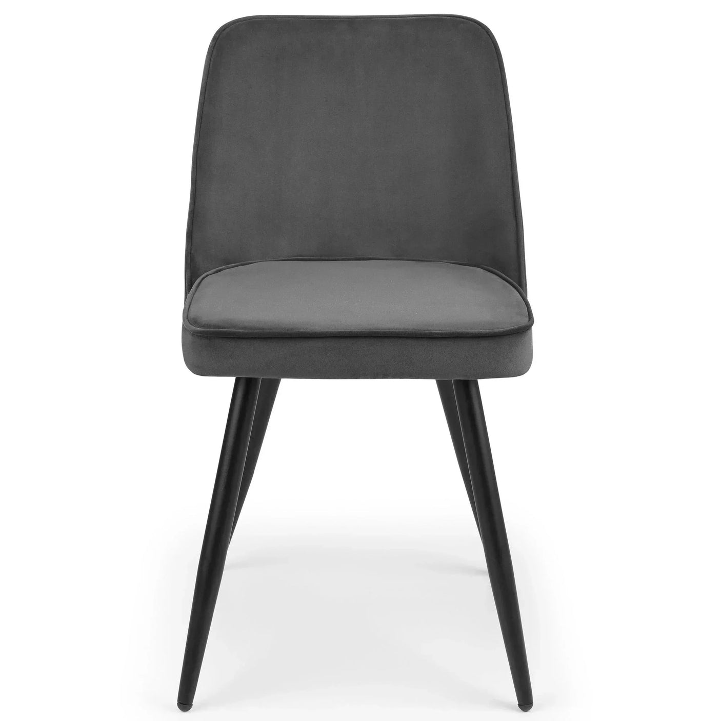 Grey dining chair with cushioned seat and black tapered legs, front view