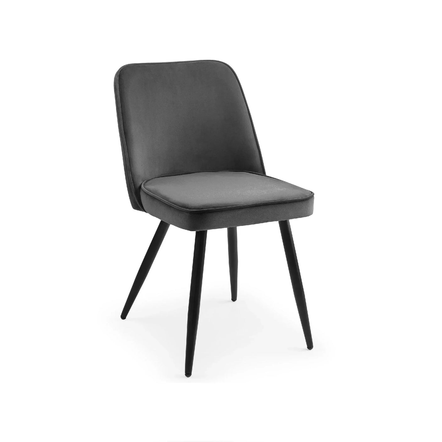 Grey upholstered chair with padded seat and black angled metal legs on white background