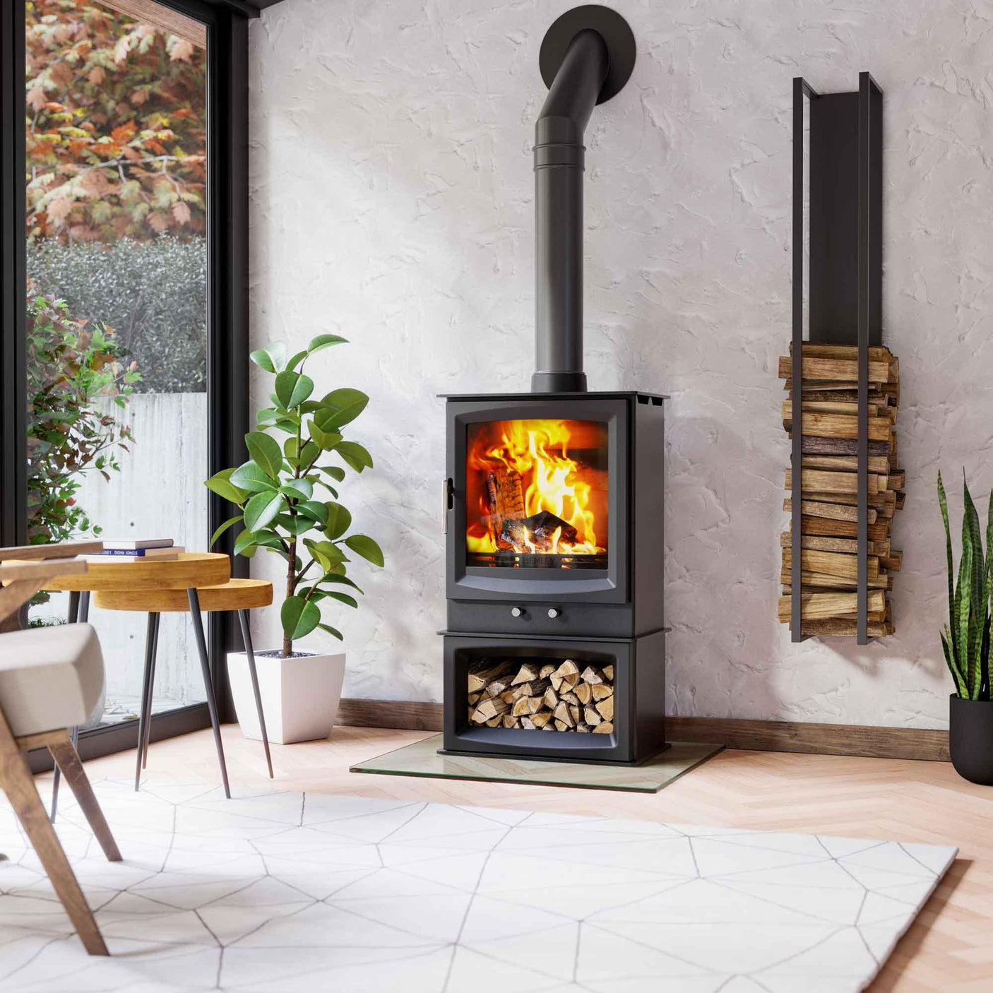 Black multifuel stove with firewood storage in modern living room with plants and wood rack