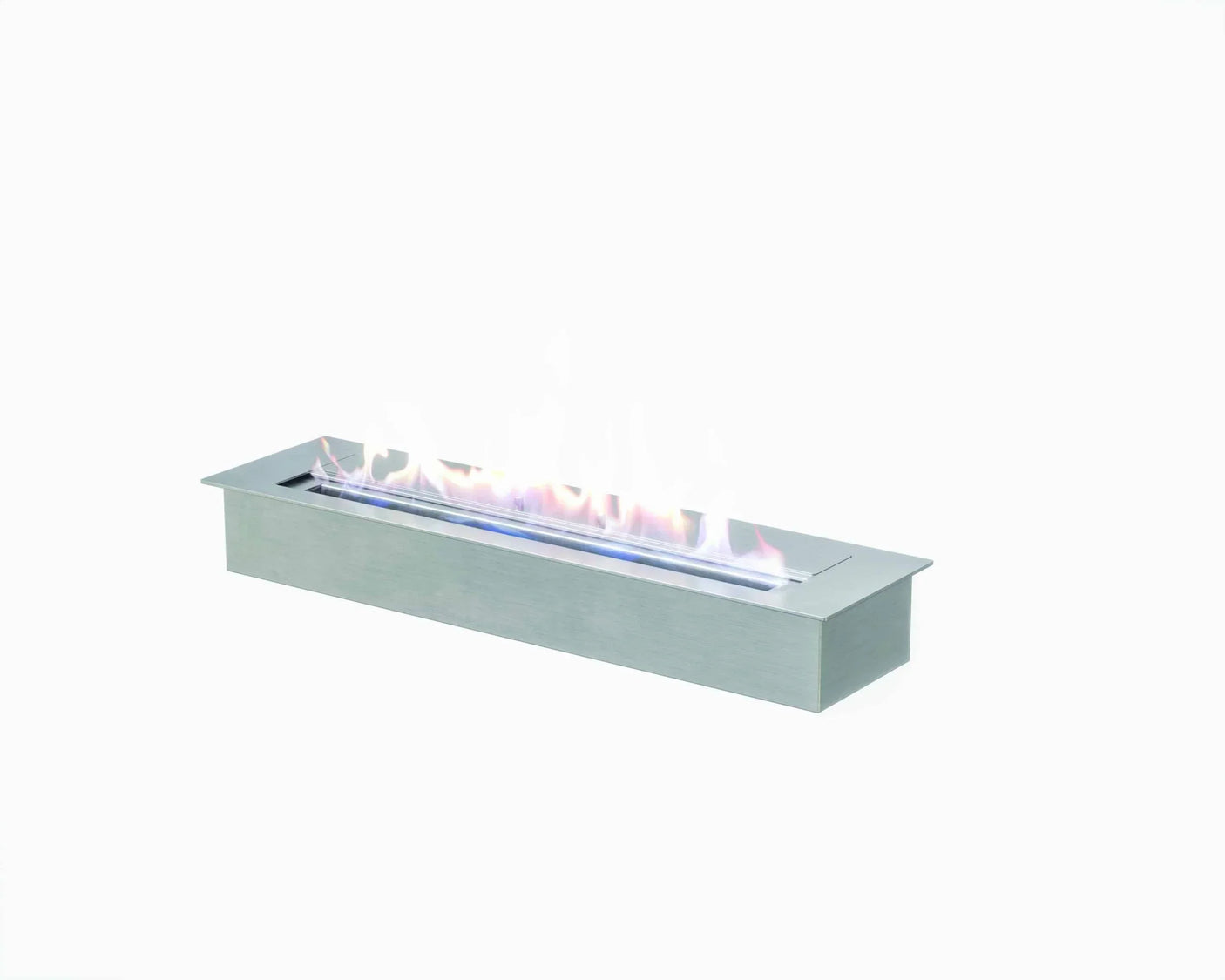 Rectangular stainless steel burner with visible flame, modern gas fireplace accessory