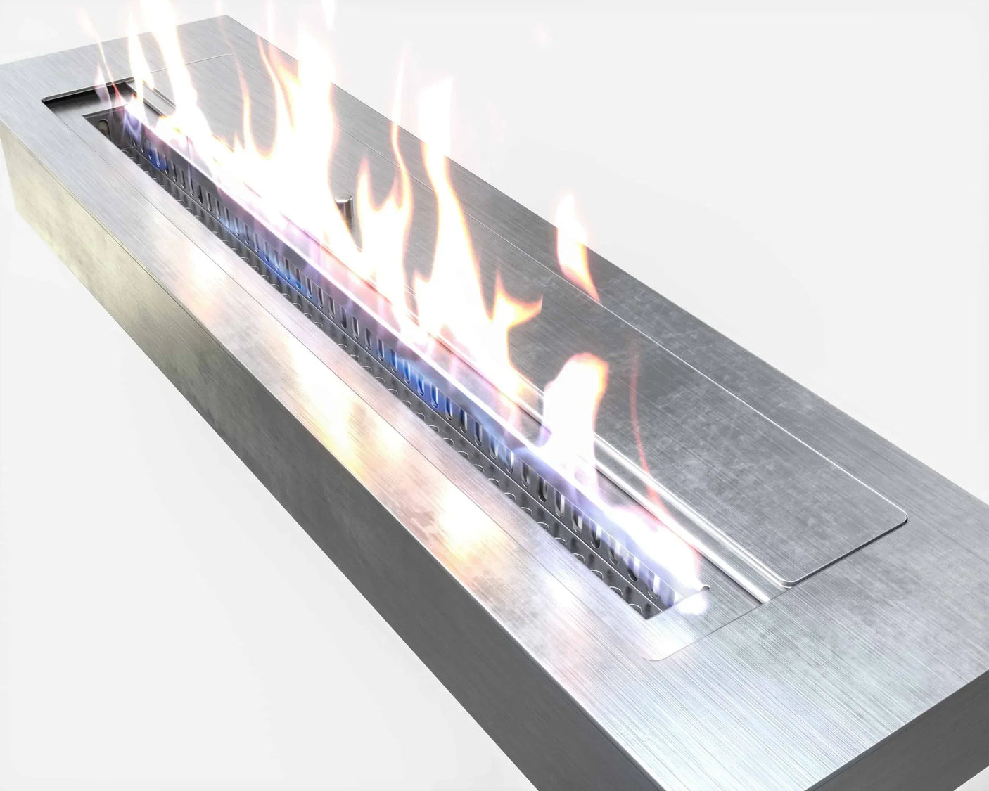 Stainless steel fire burner insert with visible flame on white background