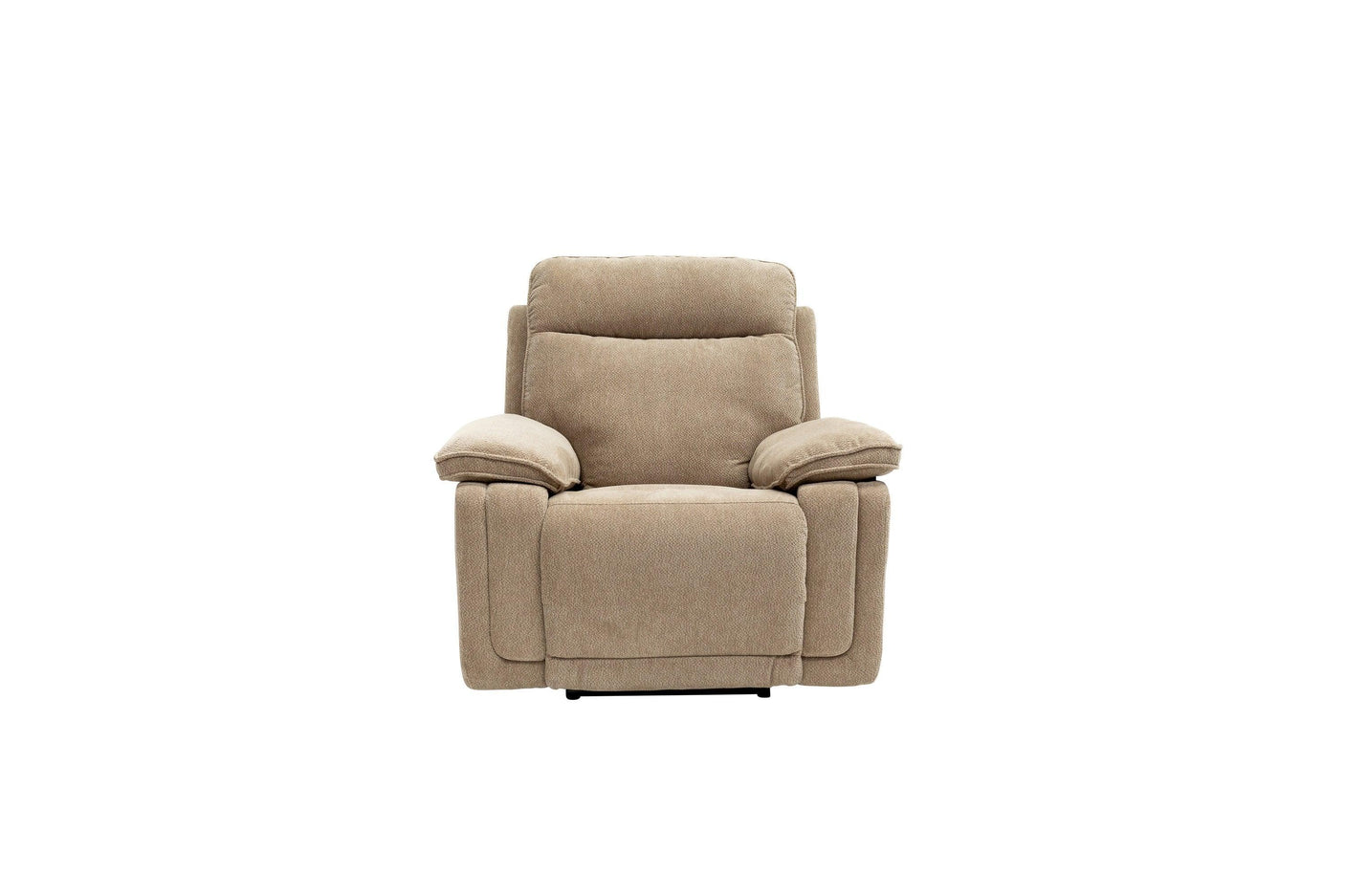 Camel fabric recliner armchair with padded seat and armrests, front view