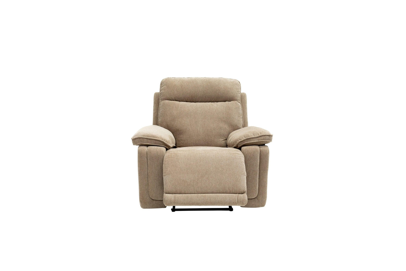 Camel fabric recliner armchair with padded seat and backrest, front view