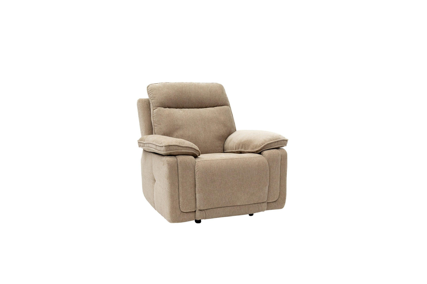 Camel fabric recliner armchair with padded seat and backrest, front view on white background