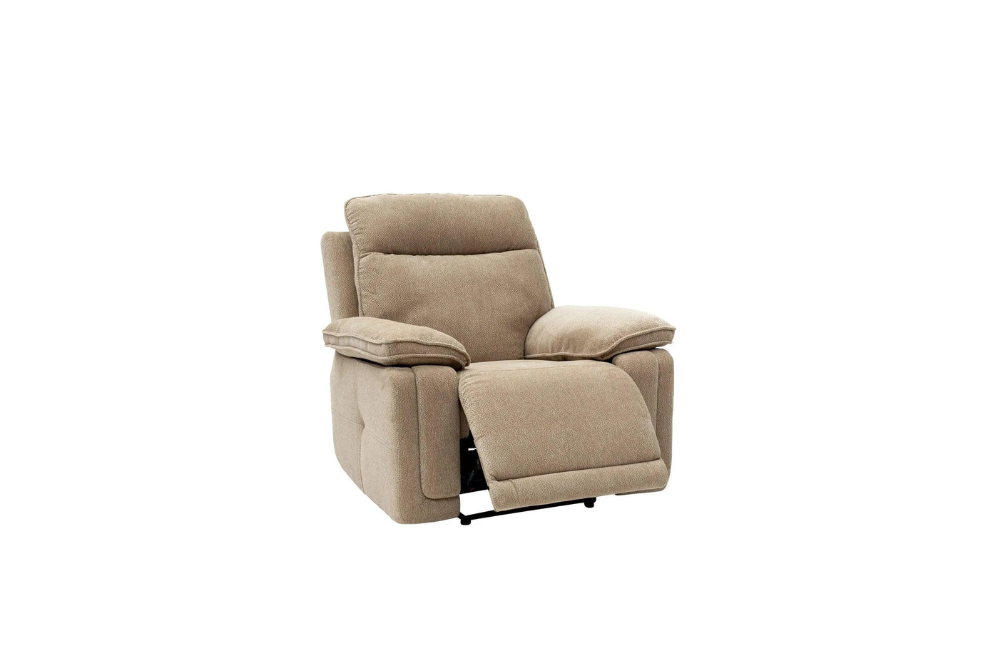 Camel fabric recliner chair with padded armrests and extended footrest on white background