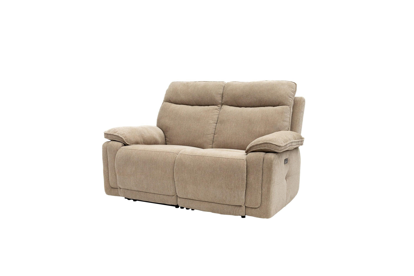 Camel fabric recliner sofa with padded armrests and dual seat design on white background