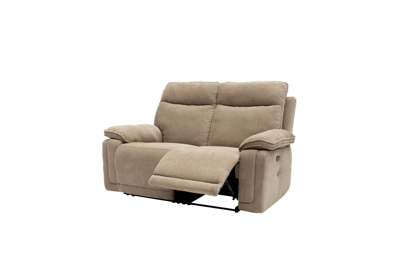 Camel fabric recliner sofa with padded cushions and footrest extended