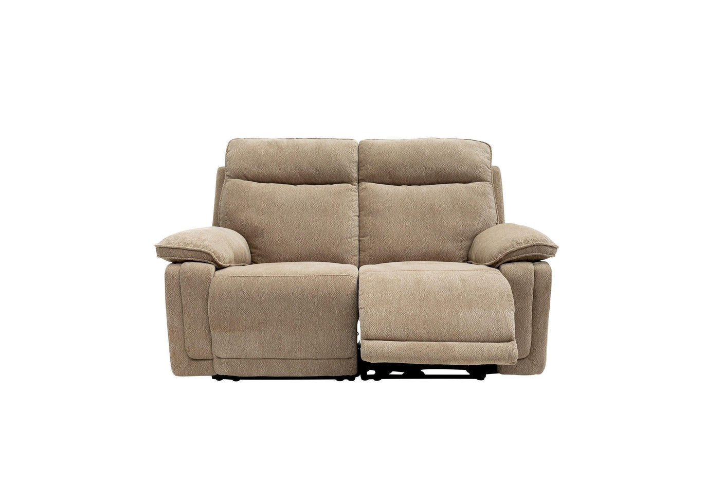 Camel fabric two seater recliner sofa front view with extended footrest