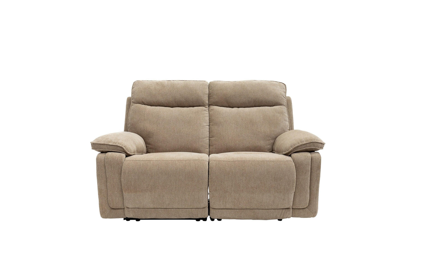 Camel fabric recliner sofa with padded armrests and dual seat design, front view