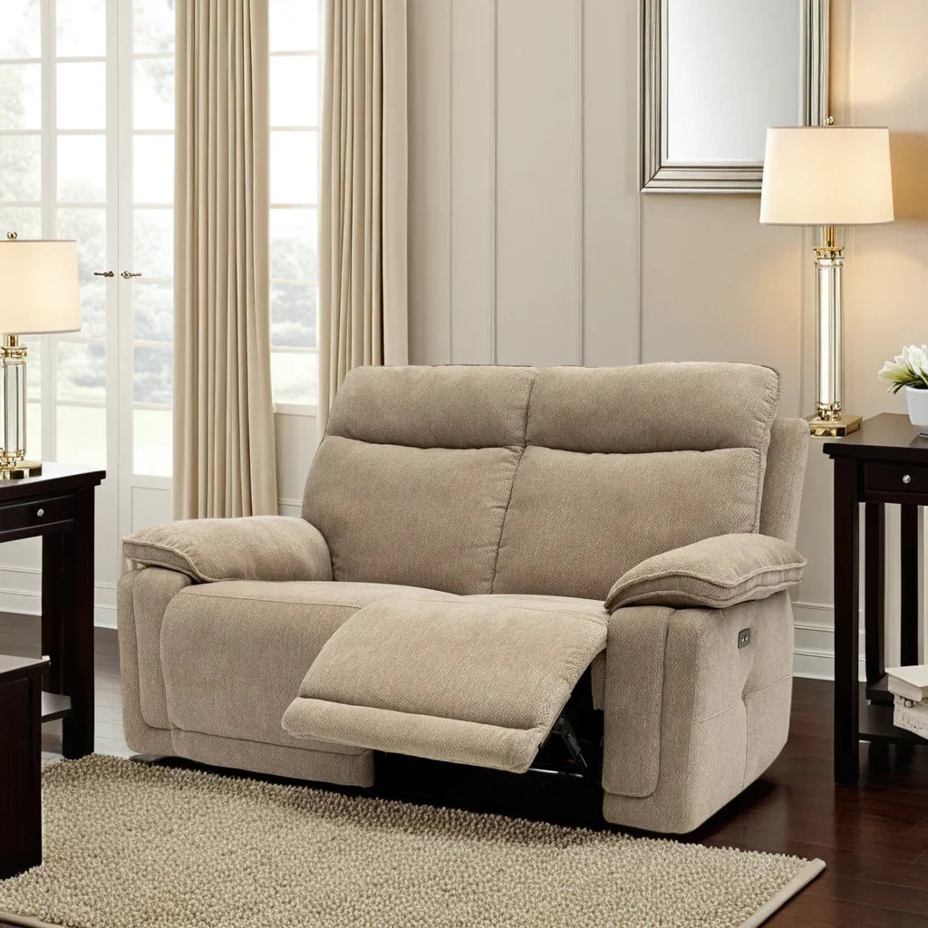 Camel fabric recliner sofa with extended footrest in bright living room setting