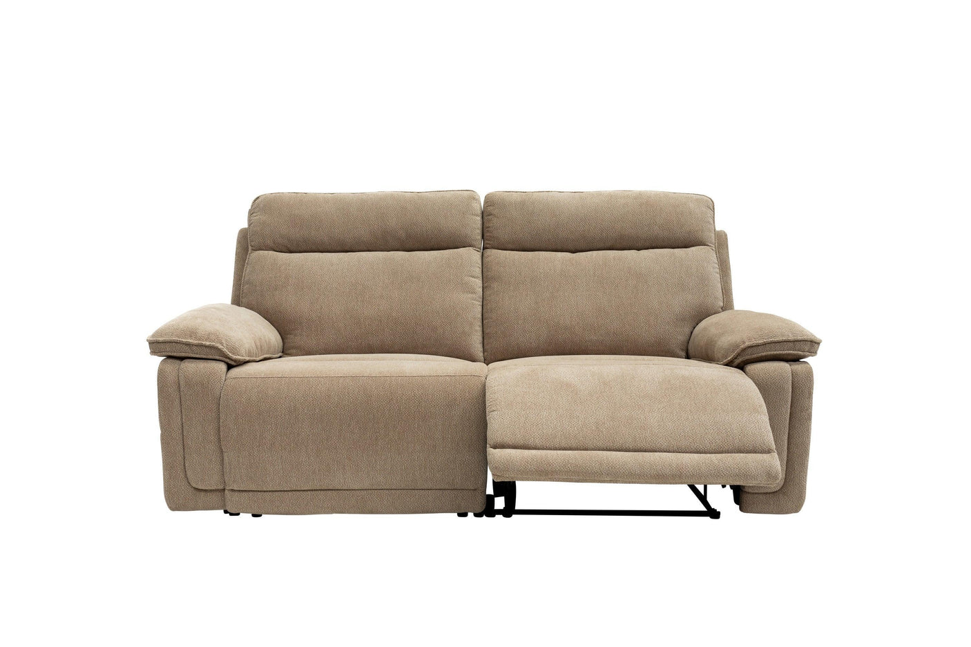 Camel fabric recliner sofa with padded armrests and one extended footrest, front view