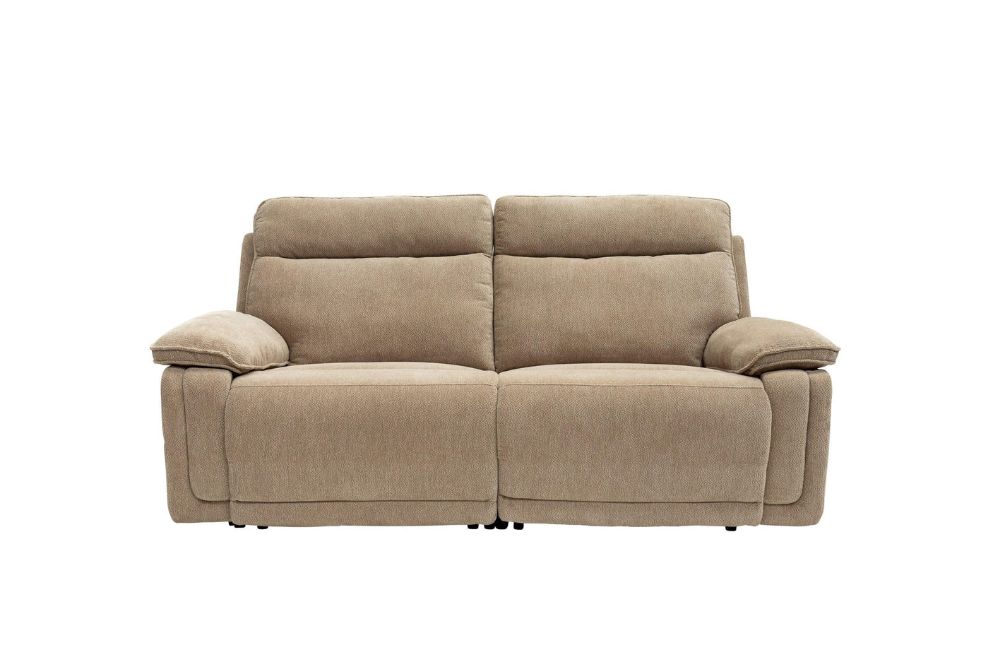 Camel fabric recliner sofa with padded armrests and cushioned backrest, front view