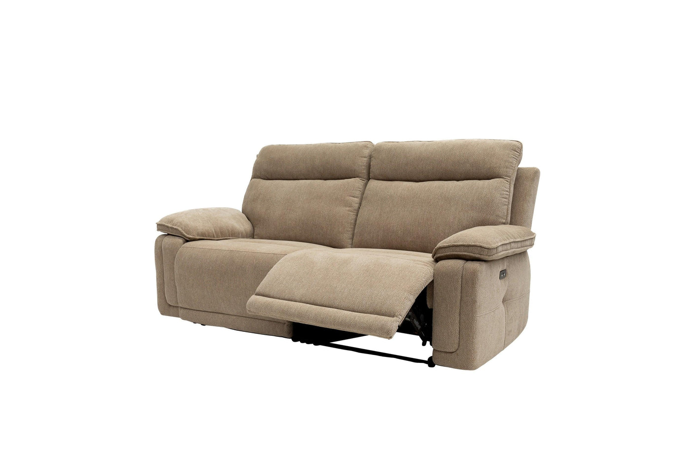 Camel fabric reclining sofa with padded armrests and extended footrest, front angle view
